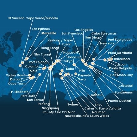 Francúzsko, Španielsko, Portugalsko, USA, Bahamy, Panama, Kostarika, Guatemala, Mexiko, Francouzská Polynésie, Fiji, Nová Kaledonie, Austrália, Papua Nová Guinea, Japonsko, Južná Kórea, Tchaj-wan, Čína, Vietnam, Thajsko, Singapur, Malajzia, Srí Lanka, Maledivy, Maurícius, Juhoafrická republika, Namíbia, Kapverdy z Marseille na lodi Costa Deliziosa