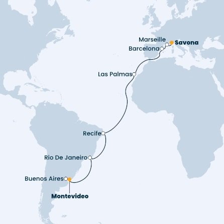 Uruguaj, Argentína, Brazília, Španielsko, Francúzsko, Taliansko z Montevidea na lodi Costa Fascinosa