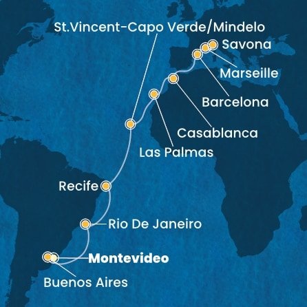 Uruguaj, Argentína, Brazília, Kapverdy, Španielsko, Maroko, Francúzsko, Taliansko z Montevidea na lodi Costa Favolosa