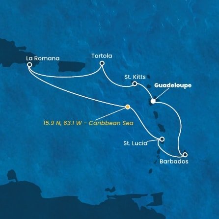 Guadeloupe, Svätý Krištof a Nevis, Britské Panenské ostrovy, Dominikánska republika, Svätá Lucia, Barbados z Pointe-à-Pitre na lodi Costa Fascinosa