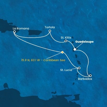 Guadeloupe, Svätý Krištof a Nevis, Britské Panenské ostrovy, Dominikánska republika, , Svätá Lucia, Barbados z Pointe-à-Pitre na lodi Costa Fascinosa