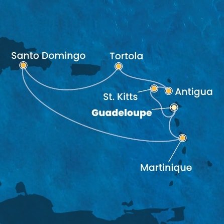 Guadeloupe, Svätý Krištof a Nevis, Antigua a Barbuda, Britské Panenské ostrovy, Dominikánska republika, Martinik z Pointe-à-Pitre na lodi Costa Favolosa