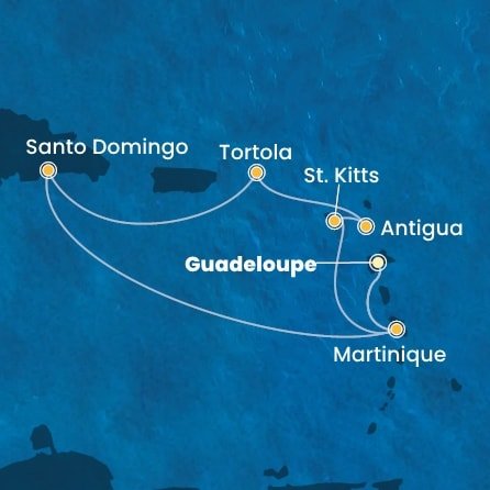 Guadeloupe, Martinik, Svätý Krištof a Nevis, Antigua a Barbuda, Britské Panenské ostrovy, Dominikánska republika z Pointe-à-Pitre na lodi Costa Favolosa