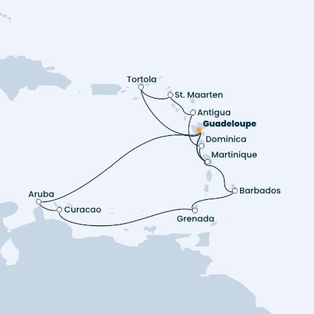Guadeloupe, Britské Panenské ostrovy, Svatý Martin, Antigua a Barbuda, Dominika, Martinik, Aruba, Curacao, Grenada, Barbados z Pointe-à-Pitre na lodi Costa Fascinosa