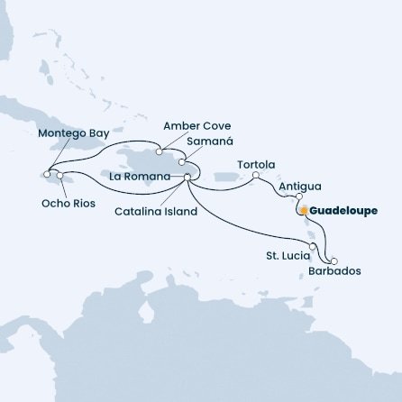 Guadeloupe, Antigua a Barbuda, Britské Panenské ostrovy, Dominikánska republika, Jamajka, Svätá Lucia, Barbados z Pointe-à-Pitre na lodi Costa Pacifica