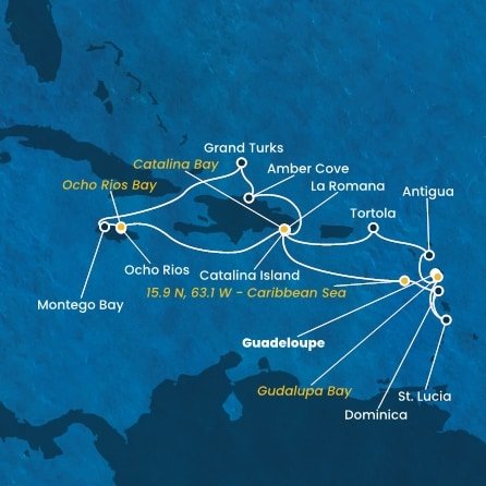 Guadeloupe, , Antigua a Barbuda, Britské Panenské ostrovy, Dominikánska republika, Jamajka, Veľká Británia, Dominika, Svätá Lucia z Pointe-à-Pitre na lodi Costa Fascinosa