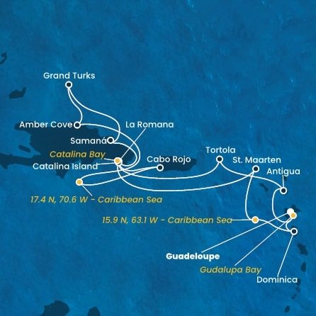 Guadeloupe, , Antigua a Barbuda, Britské Panenské ostrovy, Dominikánska republika, Veľká Británia, Svatý Martin, Dominika z Pointe-à-Pitre na lodi Costa Fascinosa