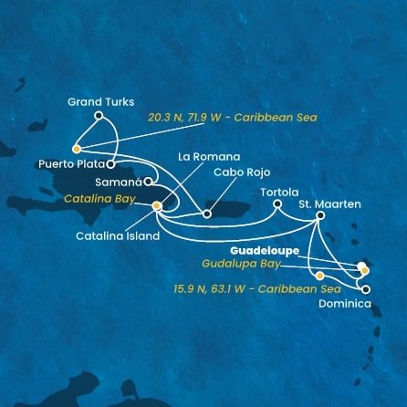Guadeloupe, , Svatý Martin, Britské Panenské ostrovy, Dominikánska republika, Veľká Británia, Dominika z Pointe-à-Pitre na lodi Costa Fascinosa