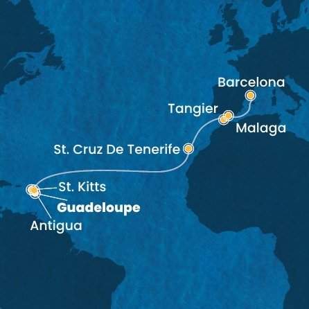 Guadeloupe, Svätý Krištof a Nevis, Antigua a Barbuda, Španielsko, Maroko z Pointe-à-Pitre na lodi Costa Favolosa