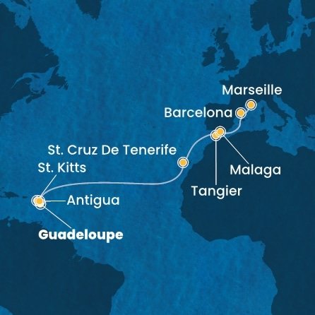 Guadeloupe, Svätý Krištof a Nevis, Antigua a Barbuda, Španielsko, Maroko, Francúzsko z Pointe-à-Pitre na lodi Costa Favolosa