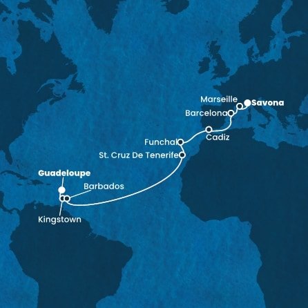 Guadeloupe, Svätý Vincent a Grenadiny, Barbados, Španielsko, Portugalsko, Francúzsko, Taliansko z Pointe-à-Pitre na lodi Costa Fortuna
