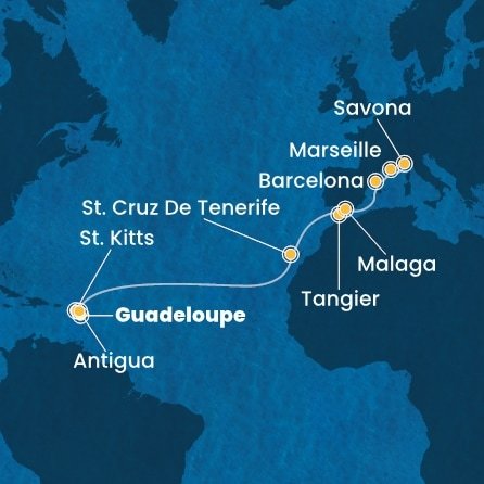 Guadeloupe, Svätý Krištof a Nevis, Antigua a Barbuda, Španielsko, Maroko, Francúzsko, Taliansko z Pointe-à-Pitre na lodi Costa Favolosa