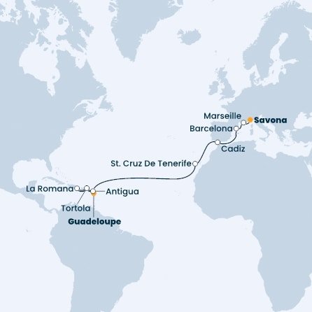 Guadeloupe, Antigua a Barbuda, Britské Panenské ostrovy, Dominikánska republika, Španielsko, Francúzsko, Taliansko z Pointe-à-Pitre na lodi Costa Pacifica