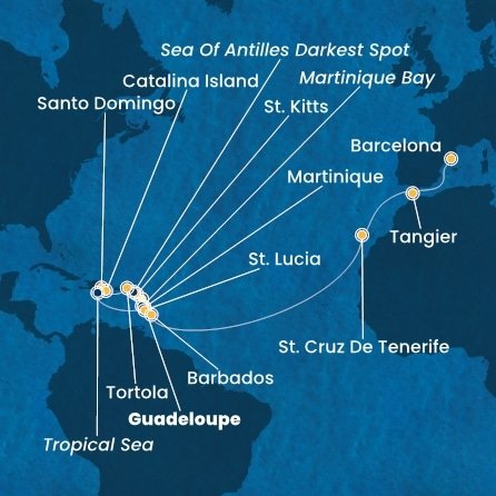 Guadeloupe, Svätý Krištof a Nevis, Jamajka, Britské Panenské ostrovy, Dominikánska republika, , Martinik, Francúzsko, Svätá Lucia, Barbados, Španielsko, Maroko z Pointe-à-Pitre na lodi Costa Fascinosa