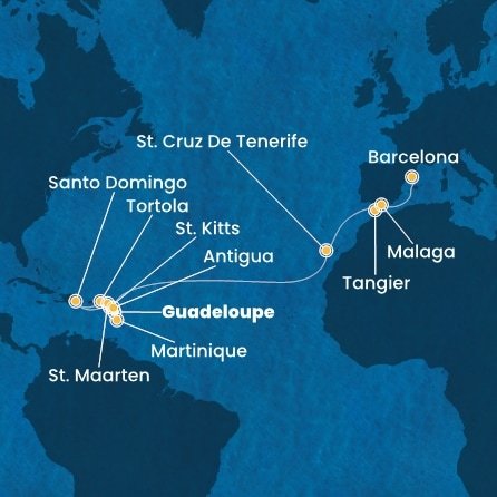 Guadeloupe, Svätý Krištof a Nevis, Britské Panenské ostrovy, Dominikánska republika, Svatý Martin, Martinik, Antigua a Barbuda, Španielsko, Maroko z Pointe-à-Pitre na lodi Costa Favolosa