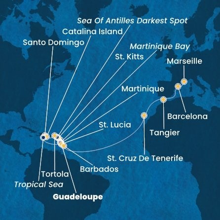 Guadeloupe, Svätý Krištof a Nevis, Britské Panenské ostrovy, Dominikánska republika, Martinik, Svätá Lucia, Barbados, Španielsko, Maroko, Francúzsko z Pointe-à-Pitre na lodi Costa Fascinosa