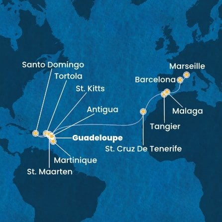Guadeloupe, Svätý Krištof a Nevis, Britské Panenské ostrovy, Dominikánska republika, Svatý Martin, Martinik, Antigua a Barbuda, Španielsko, Maroko, Francúzsko z Pointe-à-Pitre na lodi Costa Favolosa