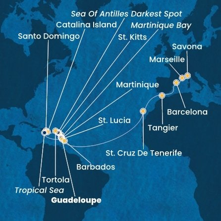 Guadeloupe, Svätý Krištof a Nevis, Britské Panenské ostrovy, Dominikánska republika, Martinik, Svätá Lucia, Barbados, Španielsko, Maroko, Francúzsko, Taliansko z Pointe-à-Pitre na lodi Costa Fascinosa