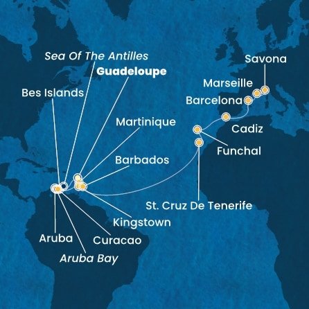 Guadeloupe, Bonaire, Zámořské společenství Francie, Aruba, Holandsko, Curacao, Martinik, Svätý Vincent a Grenadiny, Barbados, Španielsko, Portugalsko, Francúzsko, Taliansko z Pointe-à-Pitre na lodi Costa Fortuna