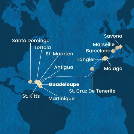 Guadeloupe, Svätý Krištof a Nevis, Britské Panenské ostrovy, Dominikánska republika, Svatý Martin, Martinik, Antigua a Barbuda, Španielsko, Maroko, Francúzsko, Taliansko z Pointe-à-Pitre na lodi Costa Favolosa