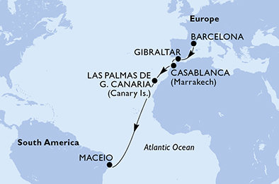 Španielsko, Gibraltár, Maroko, Brazília z Barcelony na lodi MSC Splendida