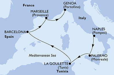 Taliansko, Tunisko, Španielsko, Francúzsko z Neapola na lodi MSC Euribia