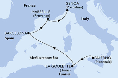 Taliansko, Tunisko, Španielsko, Francúzsko z Palerma na lodi MSC Euribia