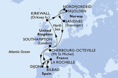 Veľká Británia, Španielsko, Francie, Nórsko zo Southamptonu na lodi MSC Meraviglia