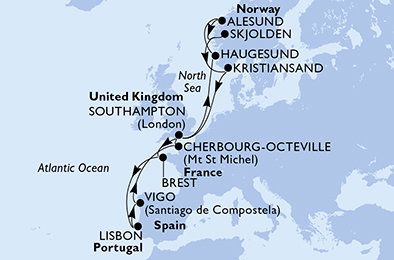 Veľká Británia, Francie, Portugalsko, Španielsko, Nórsko zo Southamptonu na lodi MSC Meraviglia