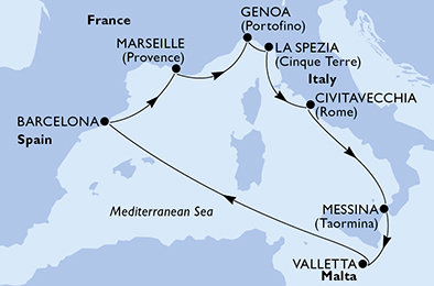 Taliansko, Malta, Španielsko, Francúzsko z Messiny na lodi MSC World Europa