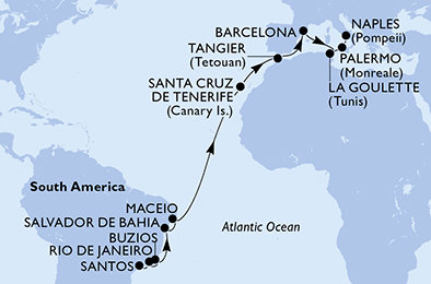 Brazília, Španielsko, Maroko, Tunisko, Taliansko zo Santosu na lodi MSC Virtuosa