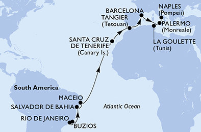 Brazília, Španielsko, Maroko, Tunisko, Taliansko z Rio de Janeira na lodi MSC Virtuosa