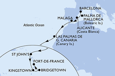Španielsko, Antigua a Barbuda, Svätý Vincent a Grenadiny, Barbados, Martinik z Barcelony na lodi MSC World Asia