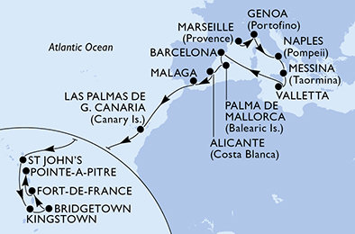 Francúzsko, Taliansko, Malta, Španielsko, Antigua a Barbuda, Svätý Vincent a Grenadiny, Barbados, Martinik, Guadeloupe z Marseille na lodi MSC World Asia