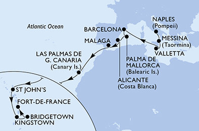 Taliansko, Malta, Španielsko, Antigua a Barbuda, Svätý Vincent a Grenadiny, Barbados, Martinik z Neapola na lodi MSC World Asia