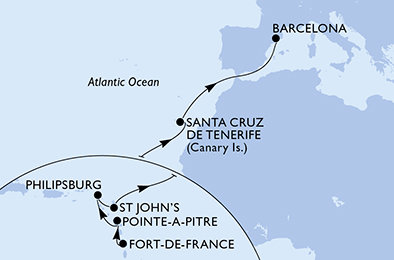 Martinik, Guadeloupe, Svatý Martin, Antigua a Barbuda, Španielsko z Fort de France na lodi MSC World Asia