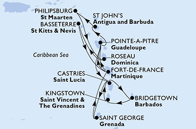 Barbados, Svätý Vincent a Grenadiny, Svätá Lucia, Grenada, Martinik, Guadeloupe, Antigua a Barbuda, Svatý Martin, Dominika, Svätý Krištof a Nevis z Bridgetownu na lodi MSC World Asia