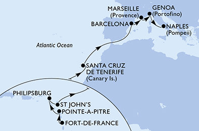 Martinik, Guadeloupe, Svatý Martin, Antigua a Barbuda, Španielsko, Francúzsko, Taliansko z Fort de France na lodi MSC World Asia