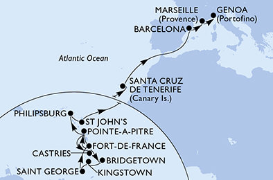 Martinik, Guadeloupe, Svätá Lucia, Barbados, Svätý Vincent a Grenadiny, Grenada, Svatý Martin, Antigua a Barbuda, Španielsko, Francúzsko, Taliansko z Fort de France na lodi MSC World Asia