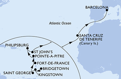 Barbados, Svätý Vincent a Grenadiny, Grenada, Martinik, Guadeloupe, Svatý Martin, Antigua a Barbuda, Španielsko z Bridgetownu na lodi MSC World Asia
