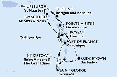 Barbados, Svätý Vincent a Grenadiny, Grenada, Martinik, Guadeloupe, Antigua a Barbuda, Svatý Martin, Svätý Krištof a Nevis, Dominika z Bridgetownu na lodi MSC World Asia
