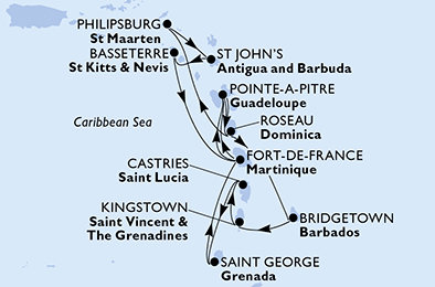 Barbados, Svätý Vincent a Grenadiny, Svätá Lucia, Grenada, Martinik, Guadeloupe, Dominika, Svatý Martin, Antigua a Barbuda, Svätý Krištof a Nevis z Bridgetownu na lodi MSC World Asia