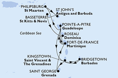 Barbados, Svätý Vincent a Grenadiny, Grenada, Martinik, Guadeloupe, Svatý Martin, Antigua a Barbuda, Svätý Krištof a Nevis, Dominika z Bridgetownu na lodi MSC World Asia