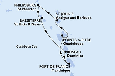 Guadeloupe, Antigua a Barbuda, Svatý Martin, Svätý Krištof a Nevis, Dominika, Martinik z Pointe-à-Pitre na lodi MSC World Asia