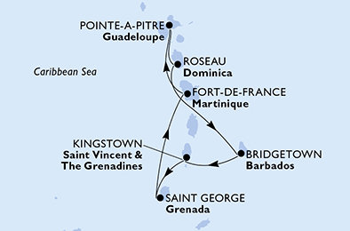 Guadeloupe, Dominika, Barbados, Svätý Vincent a Grenadiny, Grenada, Martinik z Pointe-à-Pitre na lodi MSC World Asia