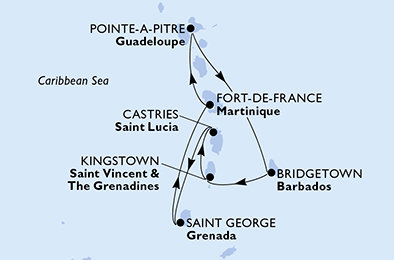 Guadeloupe, Barbados, Svätý Vincent a Grenadiny, Svätá Lucia, Grenada, Martinik z Pointe-à-Pitre na lodi MSC World Asia