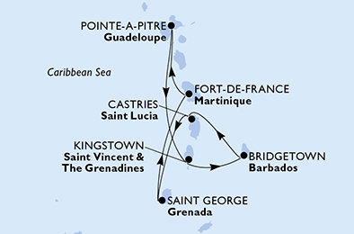 Guadeloupe, Svätý Vincent a Grenadiny, Barbados, Svätá Lucia, Grenada, Martinik z Pointe-à-Pitre na lodi MSC World Asia