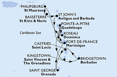 Barbados, Svätá Lucia, Grenada, Martinik, Guadeloupe, Dominika, Svatý Martin, Svätý Krištof a Nevis, Antigua a Barbuda z Bridgetownu na lodi MSC World Asia
