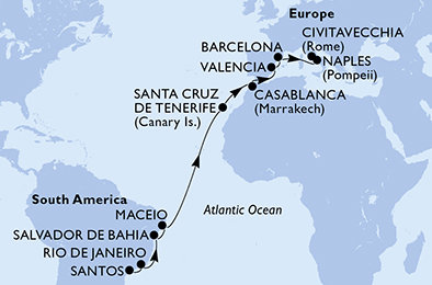 Brazília, Španielsko, Maroko, Taliansko zo Santosu na lodi MSC Divina