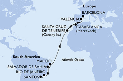 Brazília, Španielsko, Maroko zo Santosu na lodi MSC Divina
